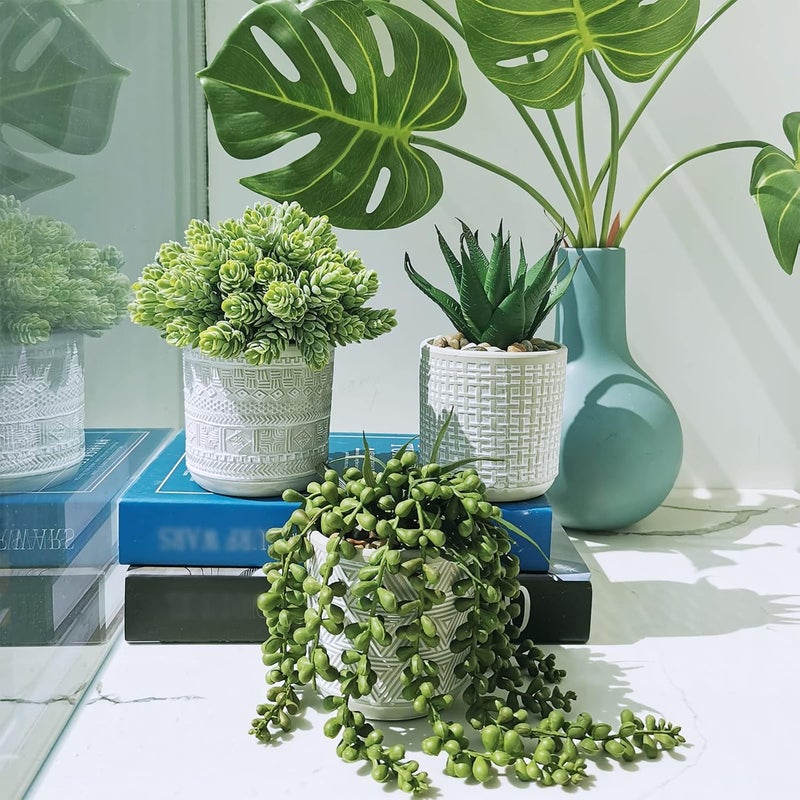 Winlyn Set of 3 Assorted Small Potted Succulent Plants Fake Aloe String of Pearls Hops Succulents in Gray Geometric Concrete Ceramic Pots for Gifts Modern Home Office Desk Table Indoor Outdoor Greenery Decor - Image 2
