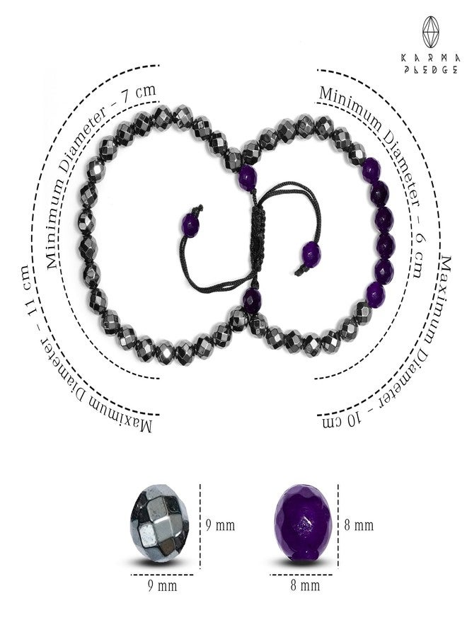 KARMAPLEDGE Crystal Bracelet, Hematite & Amethyst Chakra Healing Crystal Bracelets for Men & Women, Spiritual, Positive Energy & Balance, Handmade 8mm Crystal Beads Adjustable Bracelets by Karma Pledge - Image 2