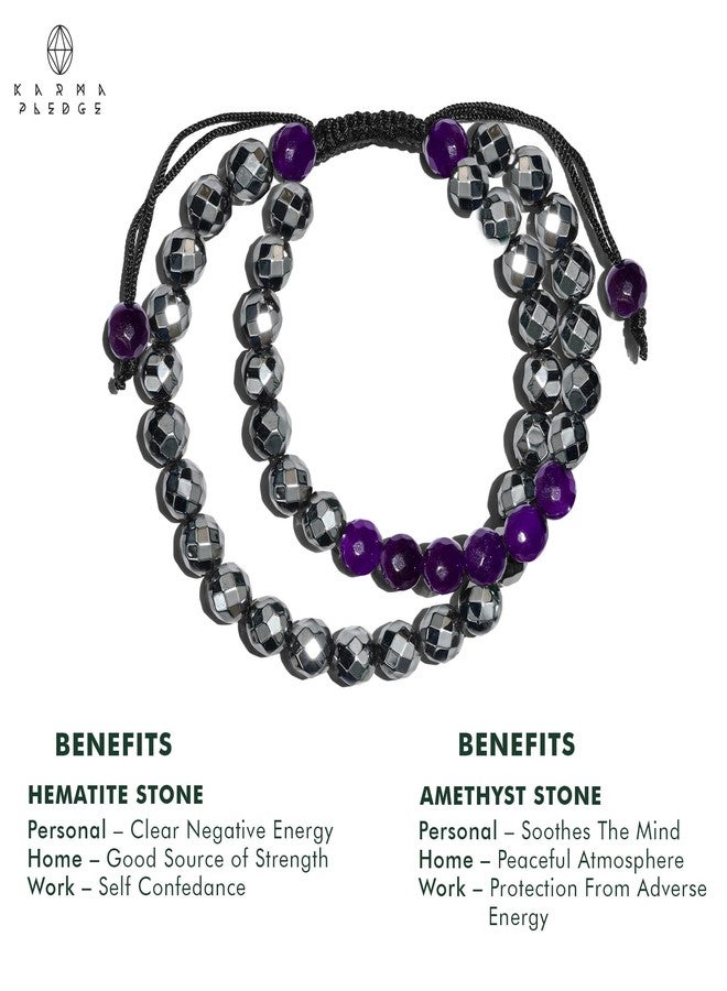 KARMAPLEDGE Crystal Bracelet, Hematite & Amethyst Chakra Healing Crystal Bracelets for Men & Women, Spiritual, Positive Energy & Balance, Handmade 8mm Crystal Beads Adjustable Bracelets by Karma Pledge - Image 3