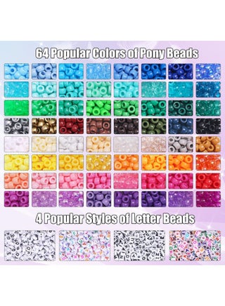 2350 PCS Pony Beads Jewelry Craft Kit – 64 Vibrant Colors of Acrylic Large-Hole Beads with Elastic Strings | DIY Bracelet, Necklace & Hair Accessory Making Set | Arts & Crafts Kit for Kids - view 2