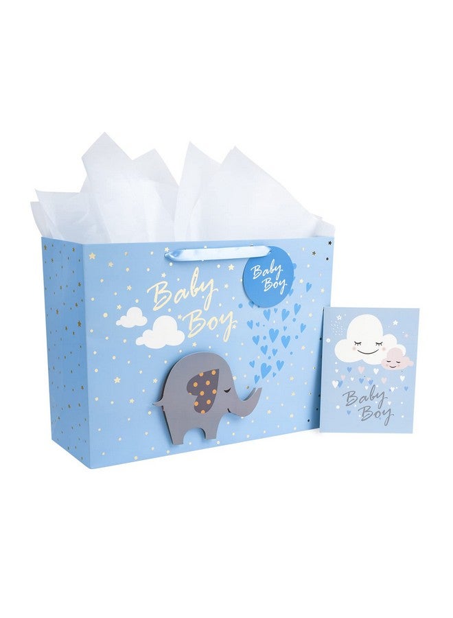 MAYPLUSS 16" Extra Large Gift Bag with Greeting Card and White Tissue Paper - Cute Baby Boy 3D Making Blue Elephant Theme Gift Bags for Baby Shower, Birthday, Celebration, Newborn - Image 1