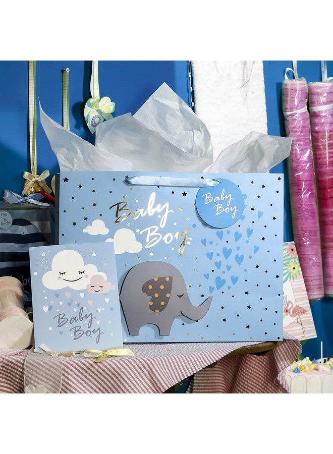 MAYPLUSS 16" Extra Large Gift Bag with Greeting Card and White Tissue Paper - Cute Baby Boy 3D Making Blue Elephant Theme Gift Bags for Baby Shower, Birthday, Celebration, Newborn - Image 2