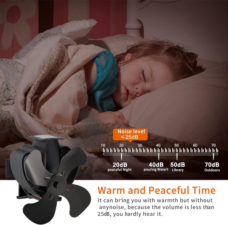 Wood Stove Fan: 4-Blade Black Heat-Powered Silent Fan - Reduce Fuel Consumption by 30% for Wood Burning Stove Tops - Image 3