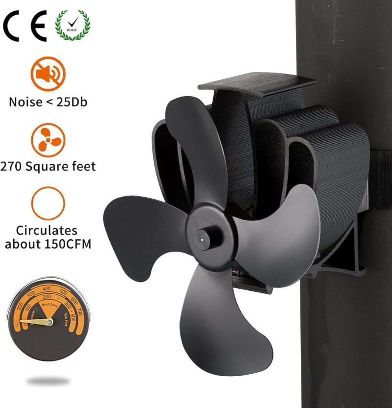 Wood Stove Fan: 4-Blade Black Heat-Powered Silent Fan - Reduce Fuel Consumption by 30% for Wood Burning Stove Tops - Image 5