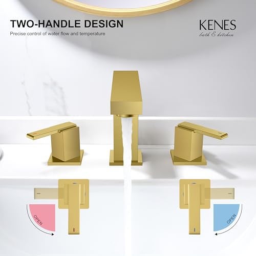 KENES Brushed Gold Widespread Bathroom Faucet 3 Hole Bathroom Sink Faucet Gold Two Handle, 8-Inch 3 Pieces Bathroom Vanity Faucet with Pop Up Drain & Supply Lines, KE-9050-4-P - Image 5
