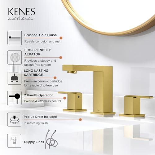 KENES Brushed Gold Widespread Bathroom Faucet 3 Hole Bathroom Sink Faucet Gold Two Handle, 8-Inch 3 Pieces Bathroom Vanity Faucet with Pop Up Drain & Supply Lines, KE-9050-4-P - Image 3