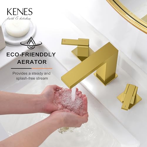 KENES Brushed Gold Widespread Bathroom Faucet 3 Hole Bathroom Sink Faucet Gold Two Handle, 8-Inch 3 Pieces Bathroom Vanity Faucet with Pop Up Drain & Supply Lines, KE-9050-4-P - Image 4