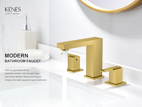 KENES Brushed Gold Widespread Bathroom Faucet 3 Hole Bathroom Sink Faucet Gold Two Handle, 8-Inch 3 Pieces Bathroom Vanity Faucet with Pop Up Drain & Supply Lines, KE-9050-4-P - Image 2