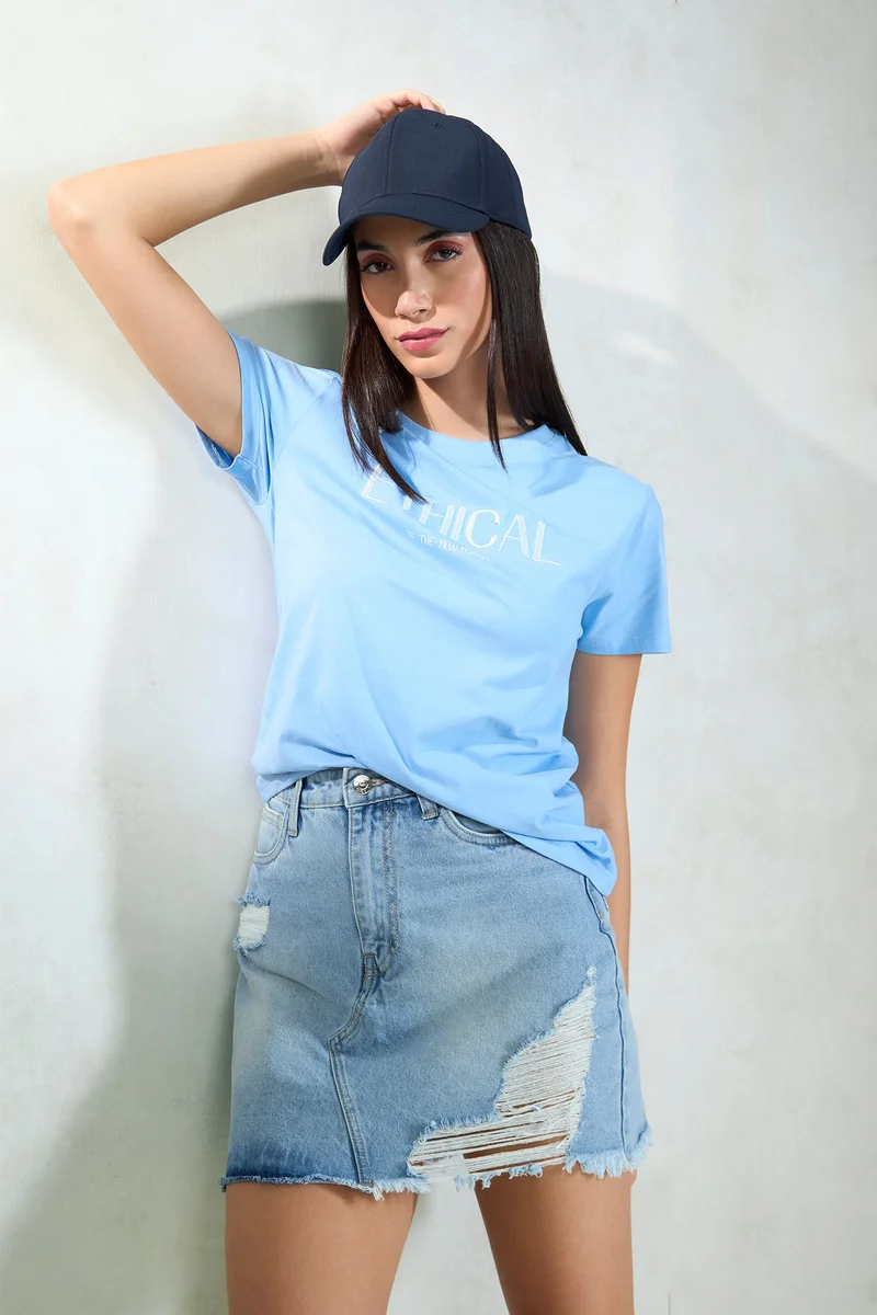 Virgio Cotton Jersey Daywear Knit Blue Graphic T-Shirts for Women