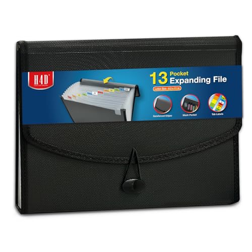 H4D 13-Pocket Accordion File Organizer with Mesh Pocket, Expanding File Folder with Tabs, Expandable Document Organizer for Home Office School, Letter Size, Black - Image 1