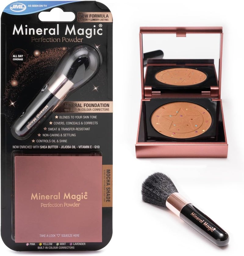 JML Mineral Magic Makeup Perfection Powder Long Lasting Pressed Face Powder Foundation Covers Conceals Corrects and Q10 Hydrates Make Up to Cover Fine Lines Blemishes and Dark Circles Mocha