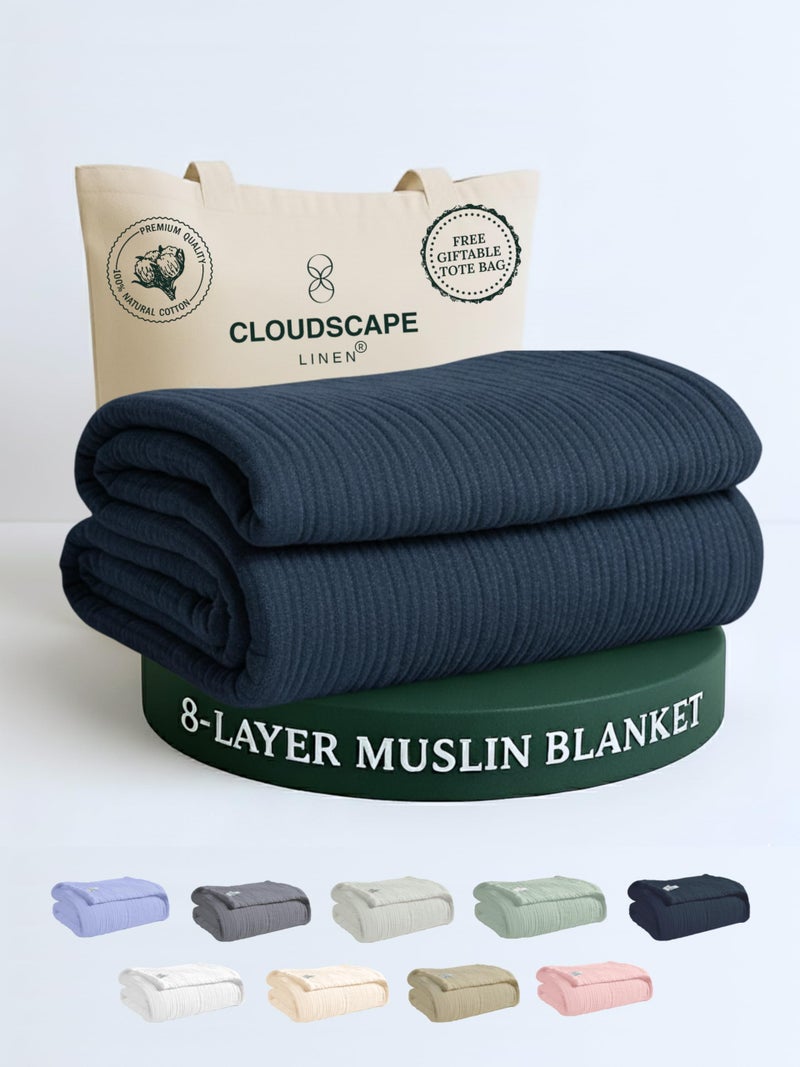 CloudScape Linen CLOUDSCAPE 8 Layer Muslin Blanket for Adults, 100% Cotton Gauze Layering Blanket King Size, 92"x108" Fits Upto Cal King Bed - Heavyweight, Breathable, All Season, Summer Soft Bedding - Ensign Blue - Image 1