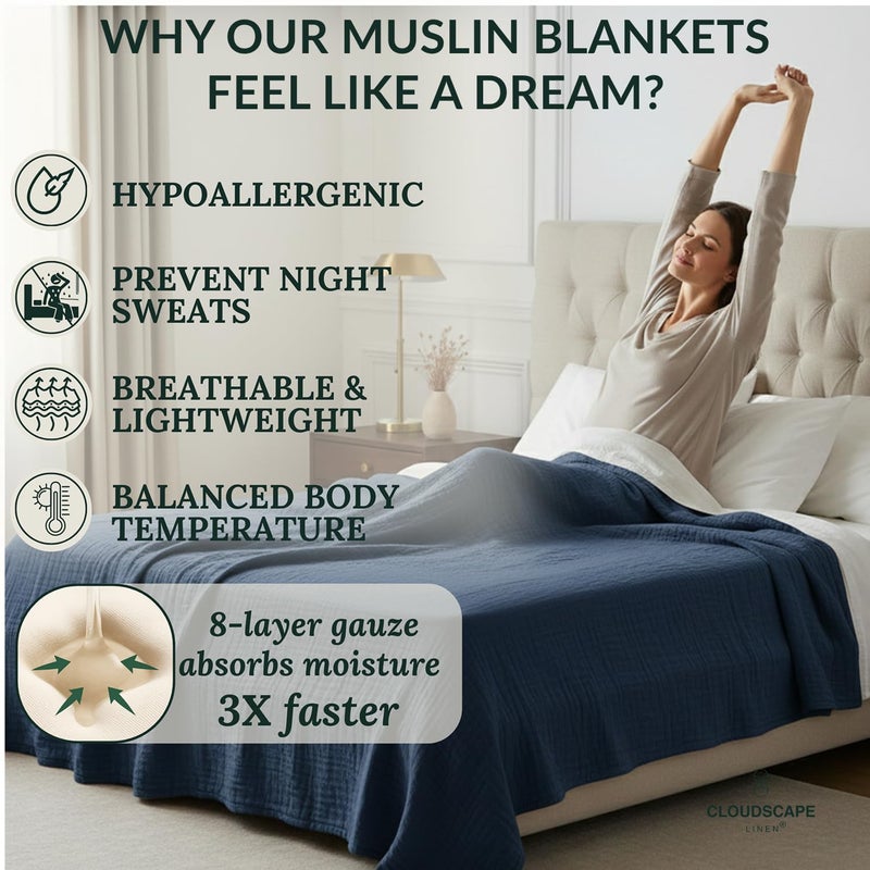CloudScape Linen CLOUDSCAPE 8 Layer Muslin Blanket for Adults, 100% Cotton Gauze Layering Blanket King Size, 92"x108" Fits Upto Cal King Bed - Heavyweight, Breathable, All Season, Summer Soft Bedding - Ensign Blue - Image 4