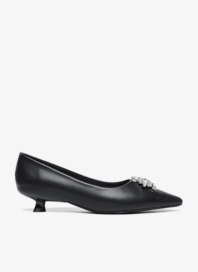 Cuple embellished low heeled pump with rhinestone