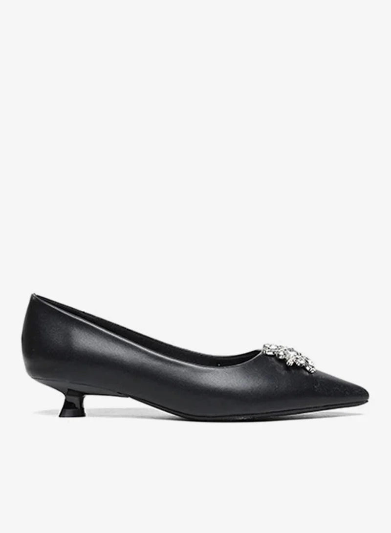 Cuple embellished low heeled pump with rhinestone