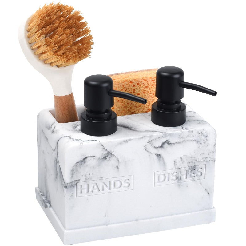 Kitchen Soap Dispenser Setwith Liquid Hand and Dish SoapSponge Holder and Brush Holder 4in1 Dual Soap Dispenser Set for Kitchen Sink Bathroom  Artificial White Marble Look