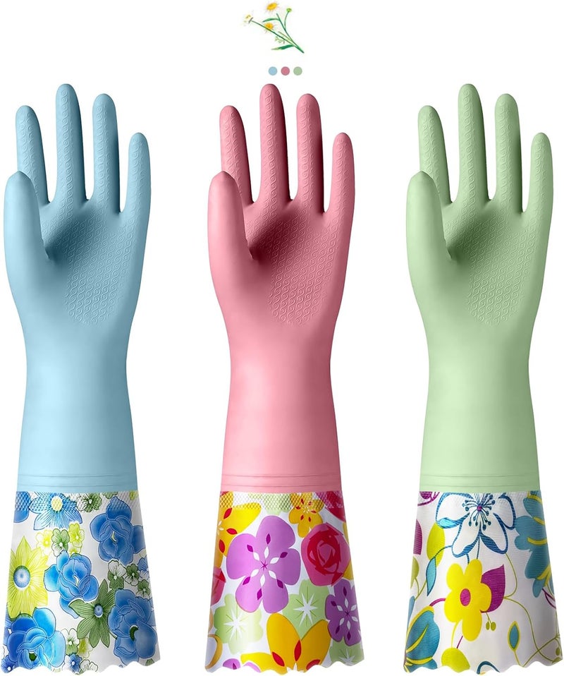 KAQ 3 Pairs Reusable Rubber Gloves for Dishwashing Cleaning Bleaching, Dish Washing Gloves with Cotton Liner - Image 1