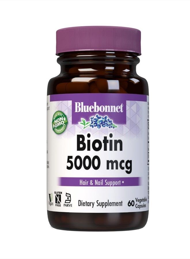 Bluebonnet Nutrition Biotin 5000 Mcg Vegetable Capsules, Biotin is a B Vitamin That Helps Make Keratin, Vegan, Vegetarian, Non GMO, Gluten Free, Soy Free, Milk Free, Kosher, 60 Vegetable Capsules - Image 1
