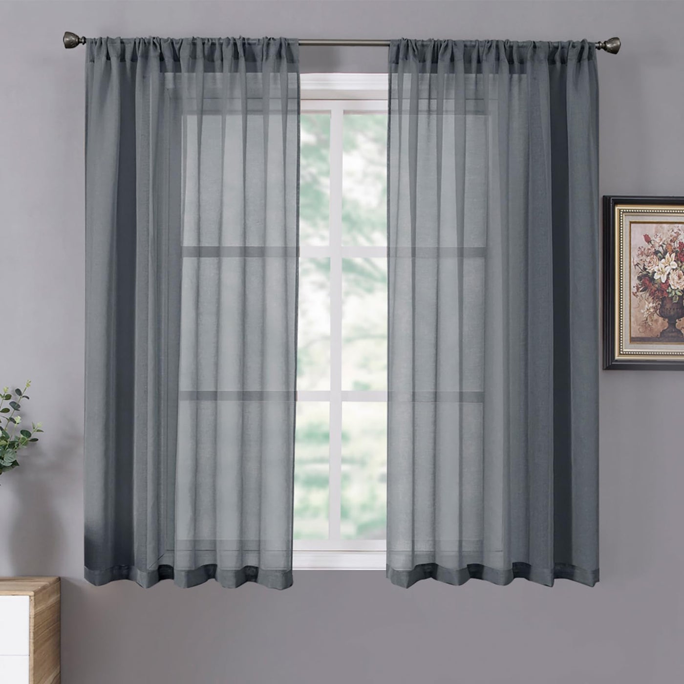 Tollpiz Sheer Curtains Living Room Linen Textured Curtain Sheers Light Filtering Voile Rod Pocket Curtains for Bedroom, 38 x 63 inches Long, Dark Grey, Set of 2 Panels