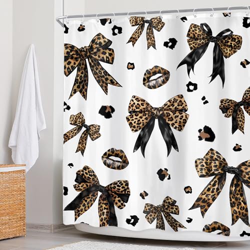 Newsely Leopard Print Bow Shower Curtain 60Wx72L Inch Woman Girls Bownot Retro Brown Cheetah Fashion Shower Curtain Bathroom Set Vintage Modern Waterproof Bath Decoration Accessories Home Decor - Image 3