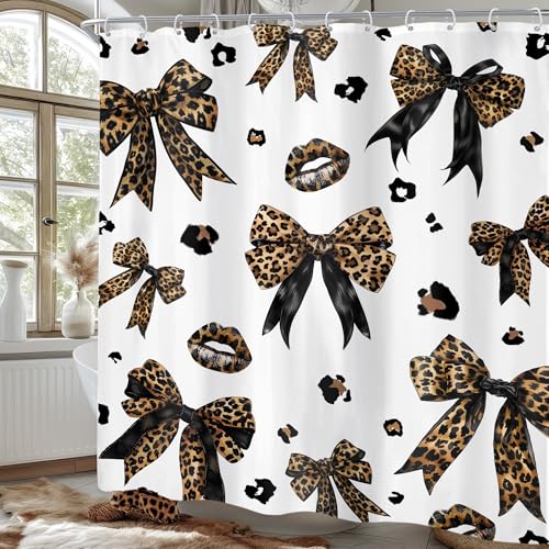 Newsely Leopard Print Bow Shower Curtain 60Wx72L Inch Woman Girls Bownot Retro Brown Cheetah Fashion Shower Curtain Bathroom Set Vintage Modern Waterproof Bath Decoration Accessories Home Decor - Image 2
