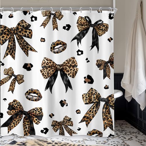 Newsely Leopard Print Bow Shower Curtain 60Wx72L Inch Woman Girls Bownot Retro Brown Cheetah Fashion Shower Curtain Bathroom Set Vintage Modern Waterproof Bath Decoration Accessories Home Decor - Image 1