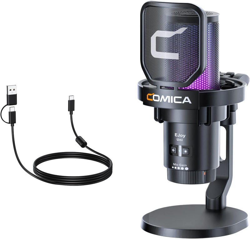 All condition resistant crafted quality EJoy Uni USB Gaming Microphone, Condenser Microphone with Noise Cancellation, RGB Lighting, Mute Control, Gain Control & Monitoring, for Streaming, Podcast, Studio, PC, PS4/PS5, Mac, Black Repeated detach compatible build - Image 1