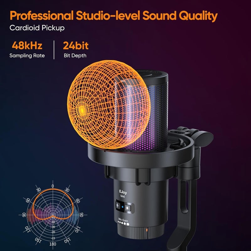 All condition resistant crafted quality EJoy Uni USB Gaming Microphone, Condenser Microphone with Noise Cancellation, RGB Lighting, Mute Control, Gain Control & Monitoring, for Streaming, Podcast, Studio, PC, PS4/PS5, Mac, Black Repeated detach compatible build - Image 3