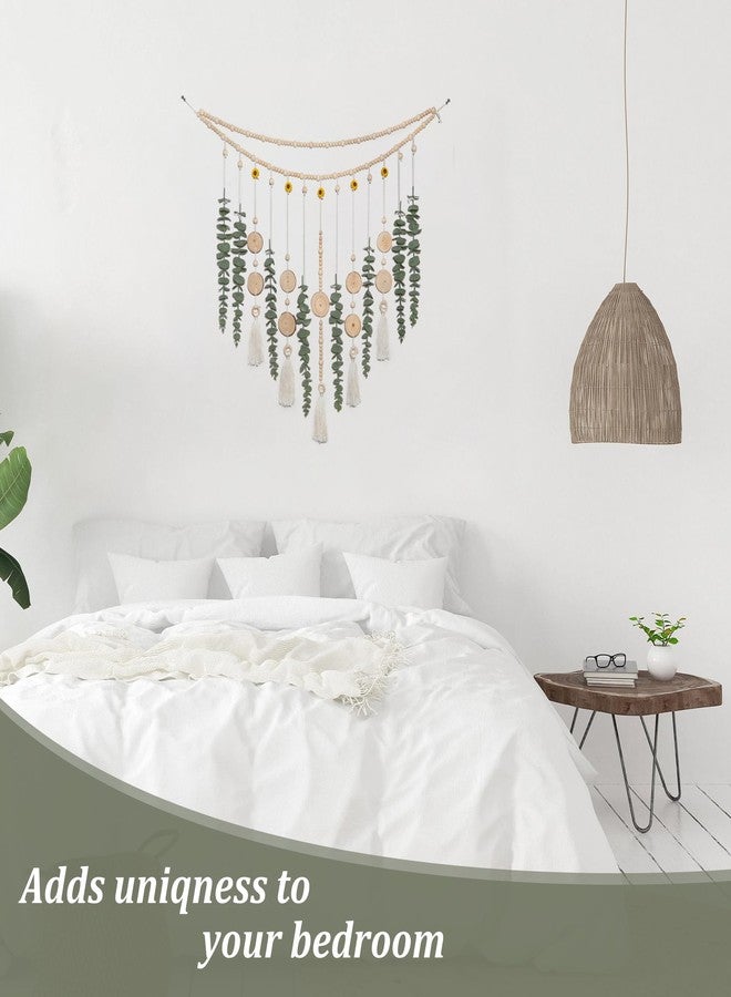 GIAUMA Large Artificial Hanging Eucalyptus Boho Wall Decor for Bedroom Fake Eucalyptus Greenery Plants on Long Wooden Beads Garland Rustic Modern Farmhouse Sage Green Home Decorations for Any Room - Image 3