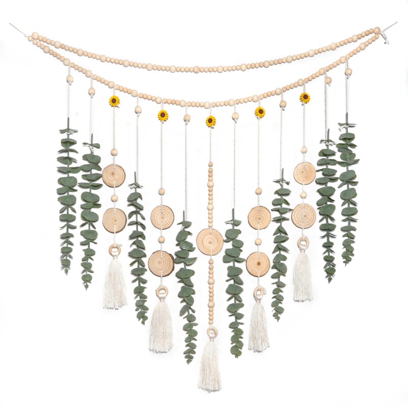 GIAUMA Large Artificial Hanging Eucalyptus Boho Wall Decor for Bedroom Fake Eucalyptus Greenery Plants on Long Wooden Beads Garland Rustic Modern Farmhouse Sage Green Home Decorations for Any Room - Image 1