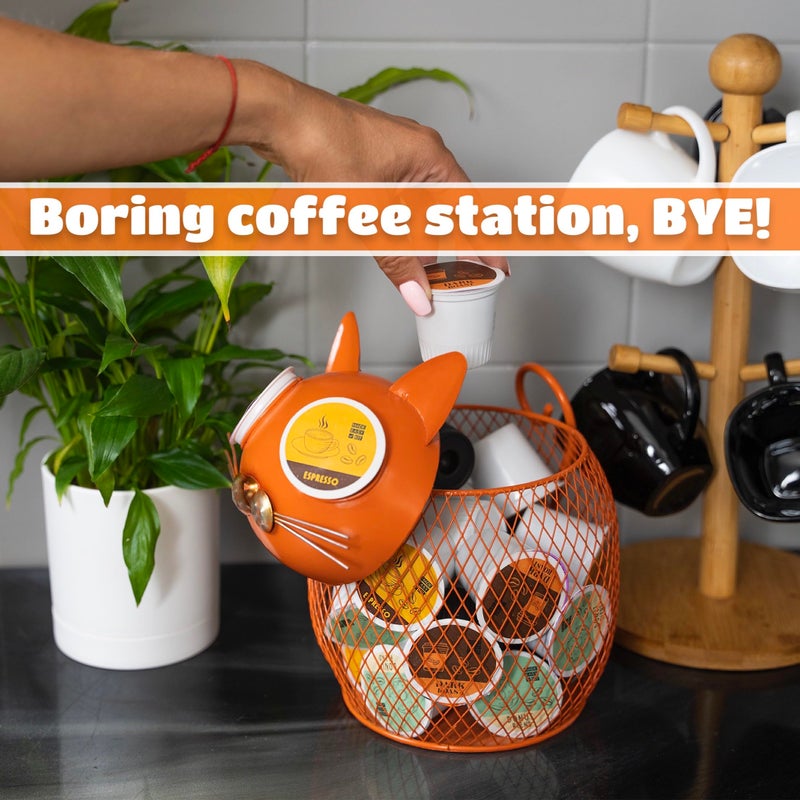 Made Easy Kit Coffee Pod Basket Organizer Useful Decor - Compatible with Keurig K-Cup Pods - Home Coffee Bar Functional Decoration - CafÃ© Station Countertop Freestanding Storage (Orange Cat) - Image 2