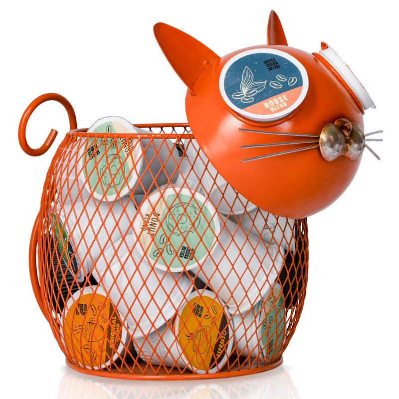 Made Easy Kit Coffee Pod Basket Organizer Useful Decor - Compatible with Keurig K-Cup Pods - Home Coffee Bar Functional Decoration - CafÃ© Station Countertop Freestanding Storage (Orange Cat) - Image 1