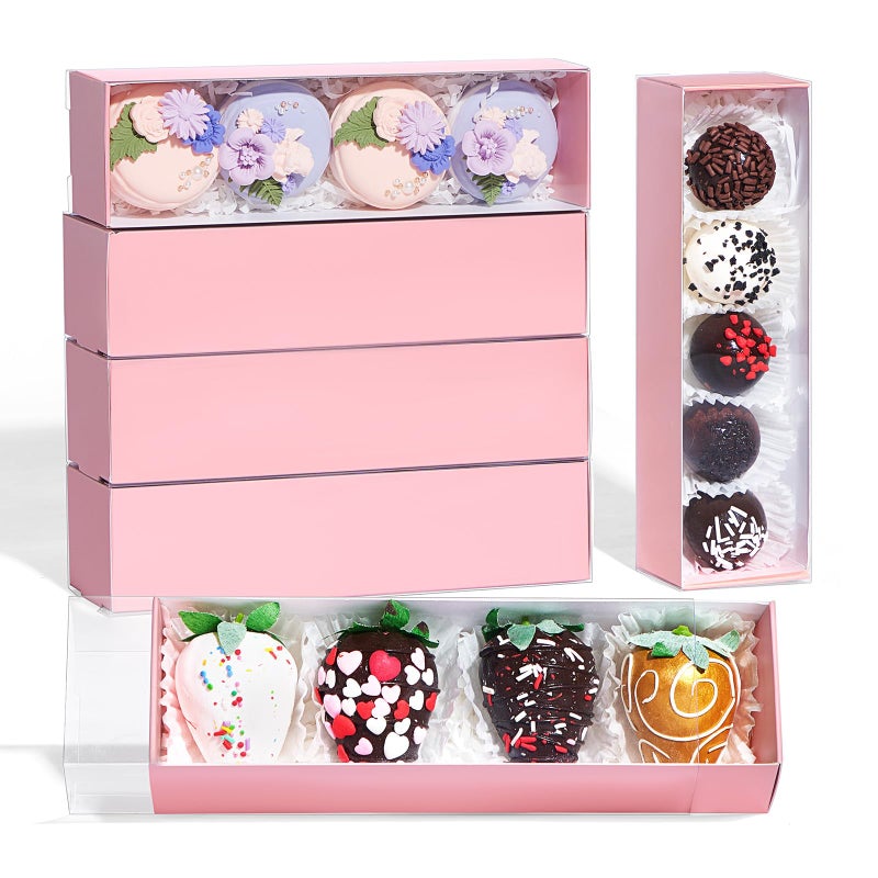 TEMLQPACK Bakery Packaging Supplies: 12Pack Pink Chocolate Covered Strawberry Box for 4, Macaron Boxes, Long Treat Box for Truffles, Cookies, Ores, Chocolate Cocoa Bombs & Cake Ball - Image 1