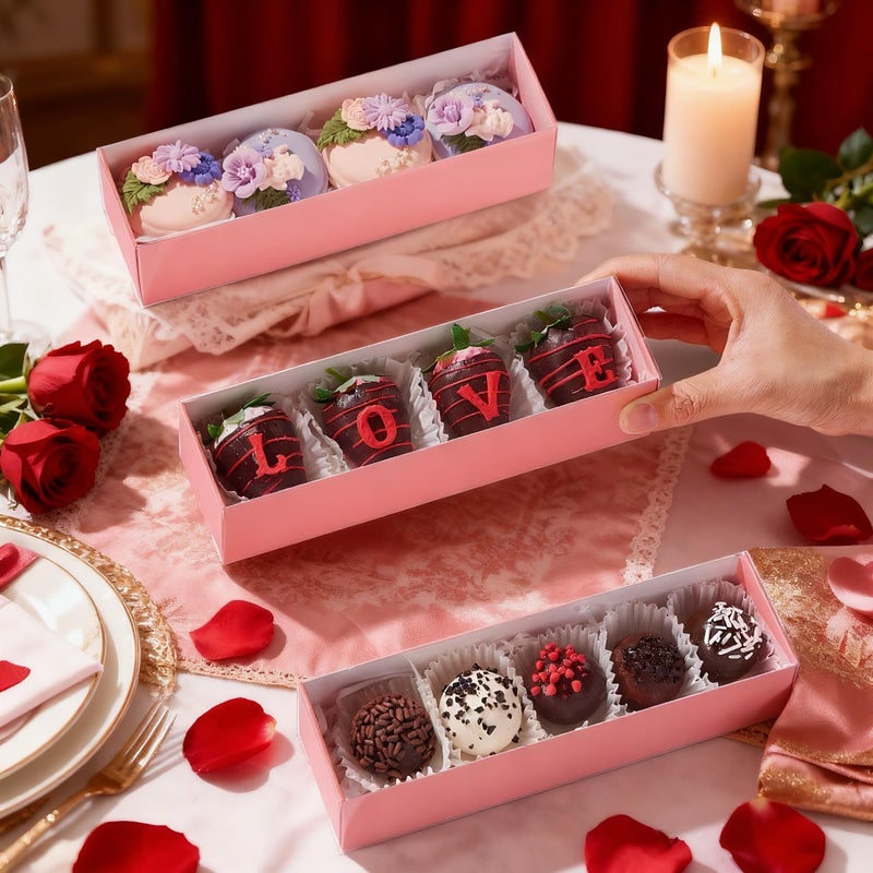 TEMLQPACK Bakery Packaging Supplies: 12Pack Pink Chocolate Covered Strawberry Box for 4, Macaron Boxes, Long Treat Box for Truffles, Cookies, Ores, Chocolate Cocoa Bombs & Cake Ball - Image 5