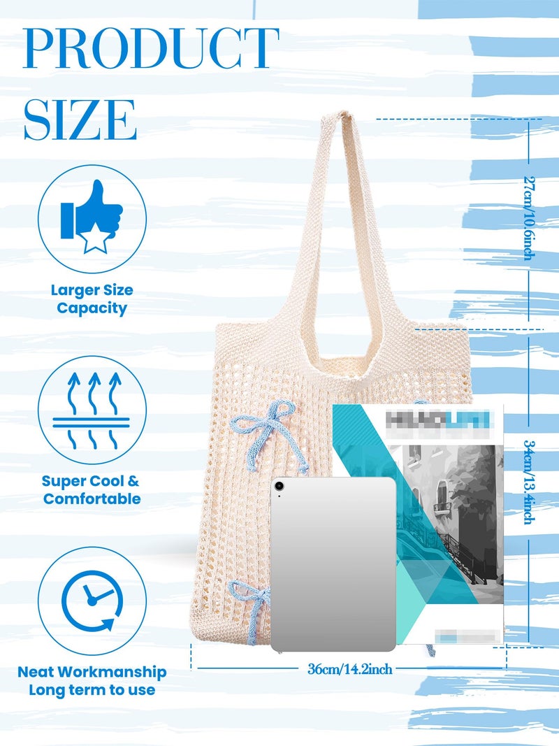 Clysee Crochet Tote Bag for Women Coquette Knit Beach Bag with Bows Preppy Woven Bag Boho Mesh Handbag for Summer Vacation(Blue) - Image 2