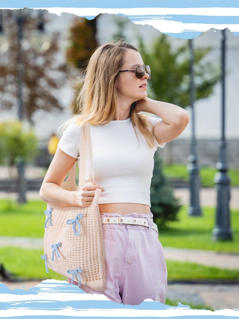 Clysee Crochet Tote Bag for Women Coquette Knit Beach Bag with Bows Preppy Woven Bag Boho Mesh Handbag for Summer Vacation(Blue) - Image 4