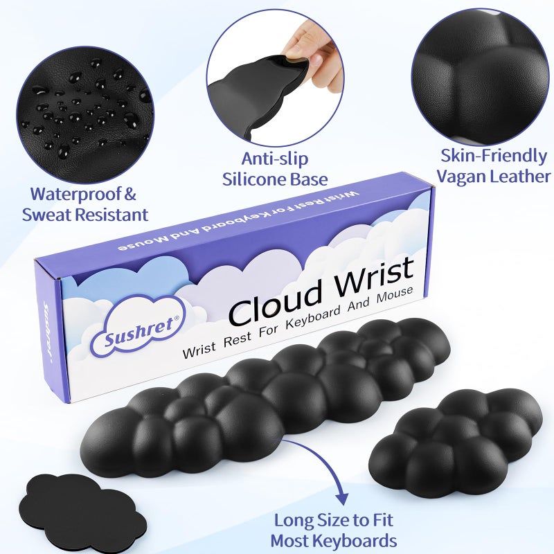 Sushret Cloud Wrist Rest Keyboard, Cloud Keyboard Wrist Pad Set with PU Leather Memory Foam, Cute Arm Rest for Palm Support, PC/Gaming Desk Accessories/Office Setup/Computer Hand Cushion - Black - Image 5