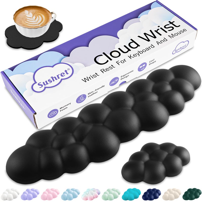Sushret Cloud Wrist Rest Keyboard, Cloud Keyboard Wrist Pad Set with PU Leather Memory Foam, Cute Arm Rest for Palm Support, PC/Gaming Desk Accessories/Office Setup/Computer Hand Cushion - Black - Image 1