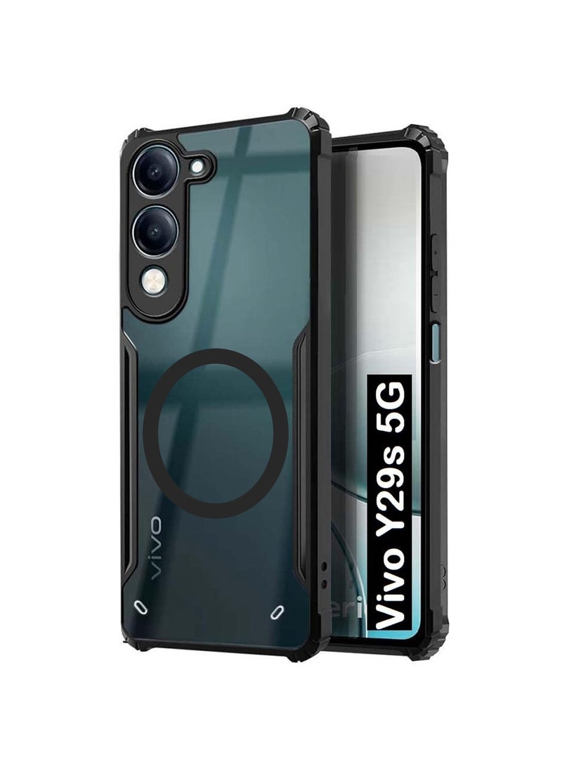 Techie غطاء Vivo Y29s 5G - غطاء TPU مع حماية الكاميرا ومضاد للاصفرار وظهر شفاف ومصدات صدمات وزوايا هوائية ودعم حلقة معدنية مغناطيسية - أسود شفاف - Image 1