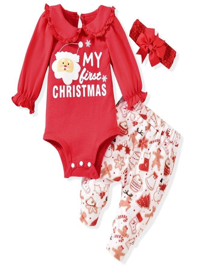 KOZBY Preemie Baby Girl My First Christmas Clothes Xmas Santa Doll Collar Long Sleeve Outfits Pant Sets Red - Image 1