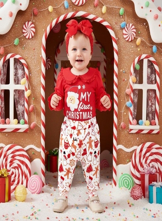 KOZBY Preemie Baby Girl My First Christmas Clothes Xmas Santa Doll Collar Long Sleeve Outfits Pant Sets Red - Image 2