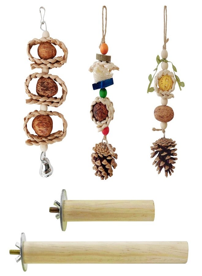 Allazone 5 PCS Natural Bird Chewing Toys & Perches for Small Lovebirds, Budgies, Cockatiels - Wooden, Rattan, Vine, Beige - Image 1