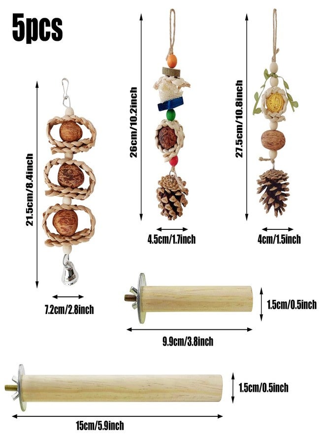 Allazone 5 PCS Natural Bird Chewing Toys & Perches for Small Lovebirds, Budgies, Cockatiels - Wooden, Rattan, Vine, Beige - Image 2