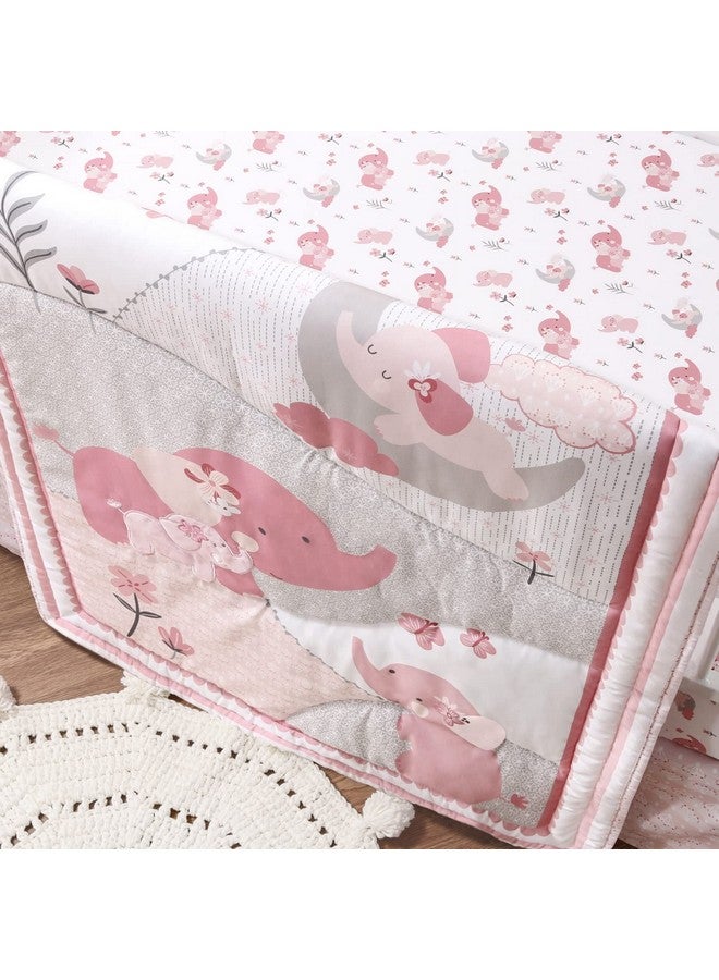 The Peanut Shell The Peanutshell 3 Piece Baby Crib Bedding Set for Girls - Newborn, Infant & Toddler Nursery Bed Set Decor with Fitted Crib Sheet, Dust Ruffle Comforter - Pink Elephant - Image 5