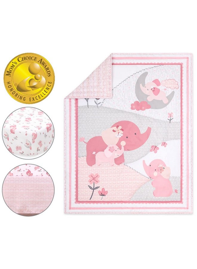 The Peanut Shell The Peanutshell 3 Piece Baby Crib Bedding Set for Girls - Newborn, Infant & Toddler Nursery Bed Set Decor with Fitted Crib Sheet, Dust Ruffle Comforter - Pink Elephant - Image 2