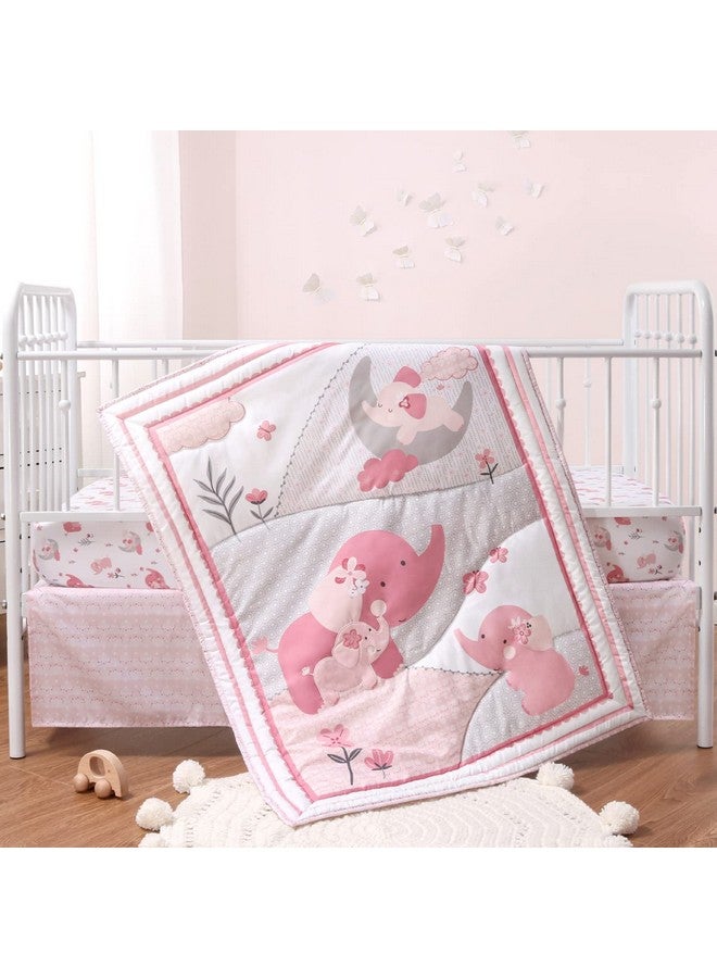 The Peanut Shell The Peanutshell 3 Piece Baby Crib Bedding Set for Girls - Newborn, Infant & Toddler Nursery Bed Set Decor with Fitted Crib Sheet, Dust Ruffle Comforter - Pink Elephant - Image 1