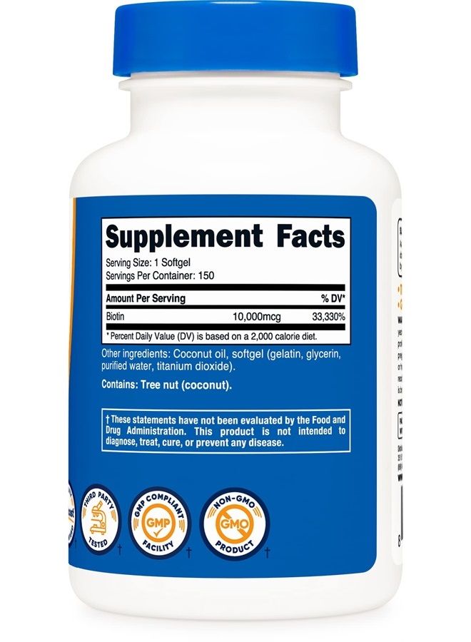 Nutricost Biotin (10,000mcg) in Coconut Oil 150 Softgels - Gluten Free, Non-GMO