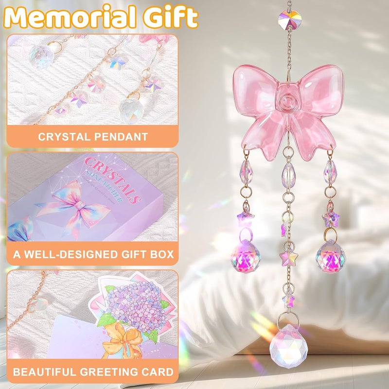 Hoemwarm Crystal Suncatchers for Window Pink Bow Ornaments Hanging Clear Wind Chime with Chains for Garden Wedding Girls Mom Room Decor Xmas DIY Gift - Image 5