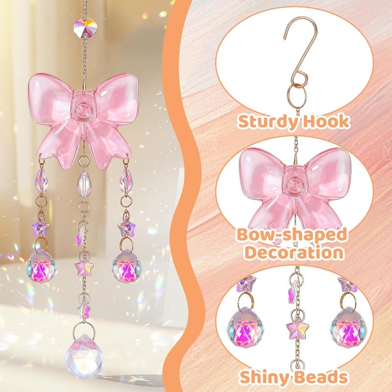 Hoemwarm Crystal Suncatchers for Window Pink Bow Ornaments Hanging Clear Wind Chime with Chains for Garden Wedding Girls Mom Room Decor Xmas DIY Gift - Image 4