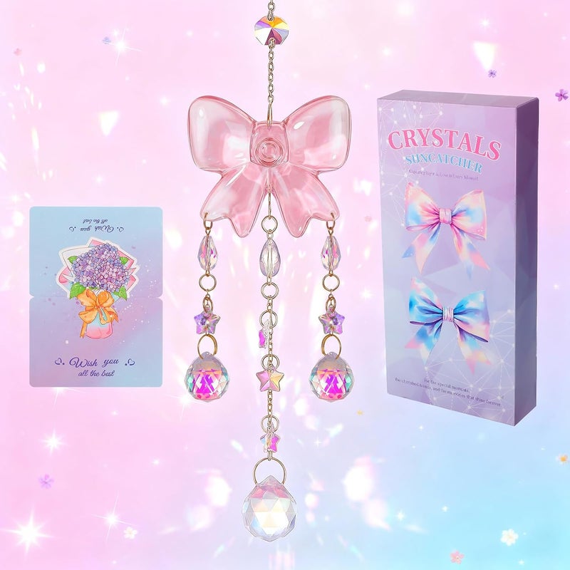 Hoemwarm Crystal Suncatchers for Window Pink Bow Ornaments Hanging Clear Wind Chime with Chains for Garden Wedding Girls Mom Room Decor Xmas DIY Gift - Image 1